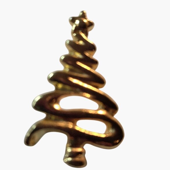 Vintage Gold Tone Christmas Tree Lapel Pin Brooch Zig Zag Star Holiday Pinback - Picture 2 of 5